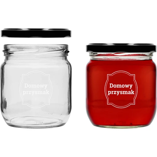 Pot TO 425ml met opdruk 'Huisgemaakte lekkernij' en zwarte deksel fi 82 - 3 stuks - 4 ['potten met opdruk', ' decoratieve potten', ' potten met deksels', ' potten voor conserven', ' elegante potten', ' potten voor jam', ' pot met opdruk', ' pot met afbeelding', ' potten voor conserven', ' potten voor voorraadkast', ' pot 500 ml']