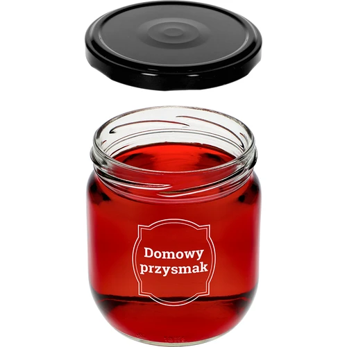 Pot TO 425ml met opdruk 'Huisgemaakte lekkernij' en zwarte deksel fi 82 - 3 stuks - 5 ['potten met opdruk', ' decoratieve potten', ' potten met deksels', ' potten voor conserven', ' elegante potten', ' potten voor jam', ' pot met opdruk', ' pot met afbeelding', ' potten voor conserven', ' potten voor voorraadkast', ' pot 500 ml']