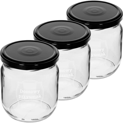 Pot TO 425ml met opdruk 'Huisgemaakte lekkernij' en zwarte deksel fi 82 - 3 stuks - 2 ['potten met opdruk', ' decoratieve potten', ' potten met deksels', ' potten voor conserven', ' elegante potten', ' potten voor jam', ' pot met opdruk', ' pot met afbeelding', ' potten voor conserven', ' potten voor voorraadkast', ' pot 500 ml']
