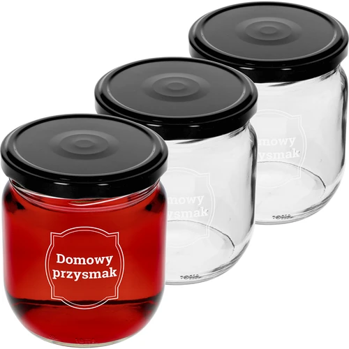 Pot TO 425ml met opdruk 'Huisgemaakte lekkernij' en zwarte deksel fi 82 - 3 stuks  - 1 ['potten met opdruk', ' decoratieve potten', ' potten met deksels', ' potten voor conserven', ' elegante potten', ' potten voor jam', ' pot met opdruk', ' pot met afbeelding', ' potten voor conserven', ' potten voor voorraadkast', ' pot 500 ml']