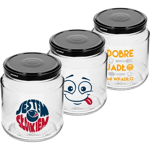Pot TO 580ml fi 82 met kleurrijke opdruk en zwarte deksel, 3 stuks. - 2 ['pot met opdruk', ' voor conserven', ' pot met opschriften', ' decoratieve pot', ' pot met deksel', ' pot 580 ml', ' decoratieve pot', ' zwarte deksels voor potten', '']