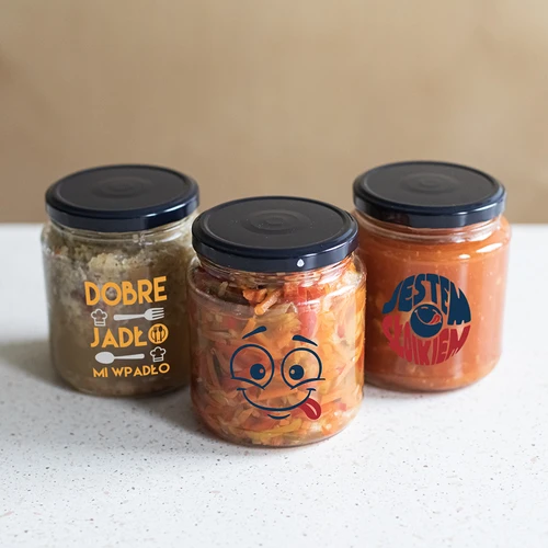 Pot TO 580ml fi 82 met kleurrijke opdruk en zwarte deksel, 3 stuks. - 9 ['pot met opdruk', ' voor conserven', ' pot met opschriften', ' decoratieve pot', ' pot met deksel', ' pot 580 ml', ' decoratieve pot', ' zwarte deksels voor potten', '']