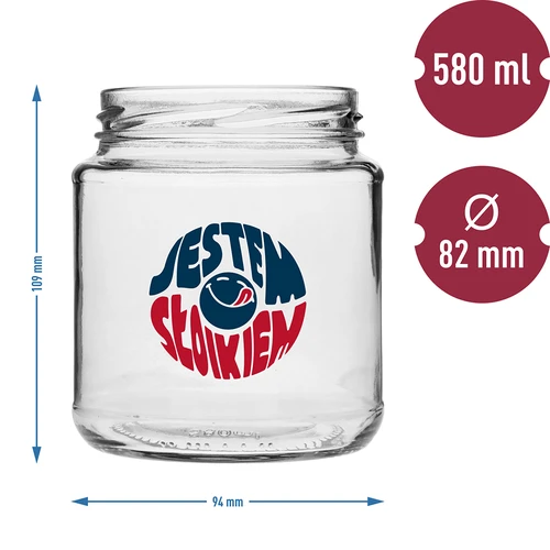 Pot TO 580ml fi 82 met kleurrijke opdruk en zwarte deksel, 3 stuks. - 6 ['pot met opdruk', ' voor conserven', ' pot met opschriften', ' decoratieve pot', ' pot met deksel', ' pot 580 ml', ' decoratieve pot', ' zwarte deksels voor potten', '']