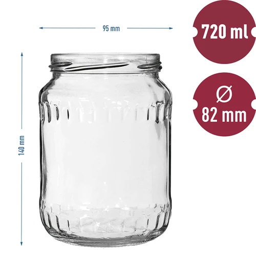 Pot TO 720 ml met gekleurd deksel fi 82/6 - 6 stuks - 6 ['set potten', ' potten voor jam', ' pot voor conserven', ' pot voor conserven', ' potten met deksels', ' potten fi 82', ' potten met gekleurde deksels', ' potten voor conserven', ' potten voor wecken', ' potten voor vlees', ' pottenverzameling', ' potten voor pasteurisatie', ' vlees in een pot']