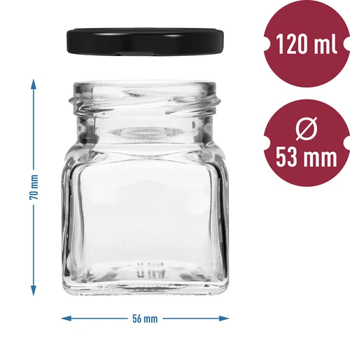 Pot twist off 120ml - Vier hoeken fi 53 met zwart deksel, 6 stuks - 6 ['potten voor conserven', ' potten 120ml', ' potten met twist-off deksels', ' potten met klikdeksels', ' set van potten', ' potten voor conserven', ' potten met gekleurde deksels', ' gekleurde deksels', ' potten voor jam', ' potten voor kruiden', ' pot', ' pot met deksel']