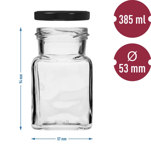 Pot twist off 150ml Vier hoeken fi 53 met zwart deksel, 6 stuks - 6 ['potten voor conserven', ' potten 150ml', ' potten met twist-off deksels', ' potten met klikdeksels', ' set van potten', ' potten voor conserven', ' potten met gekleurde deksels', ' gekleurde deksels', ' potten voor jam', ' potten voor kruiden', ' pot', ' pot met deksel']
