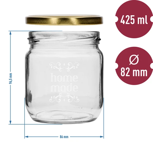 Pot Twist-off 425ml met opdruk 'Home Made' en deksel, 3 stuks - 6 ['potten met opdruk', ' decoratieve potten', ' potten met deksels', ' potten voor conserven', ' elegante potten', ' potten voor jam', ' pot met opdruk', ' pot met afbeelding', ' potten voor conserven', ' potten voor voorraadkast']