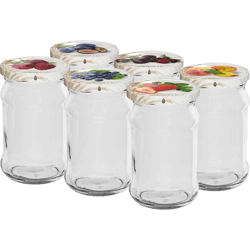 Potten 300 ml met gekleurd deksel fi 66 - 6 stuks  - 1 ['potten voor conserven', ' potten 300 ml', ' set potten', ' potten voor conserven', ' potten met gekleurde deksels', ' gekleurde deksels', ' voor compotes', ' voor jam']