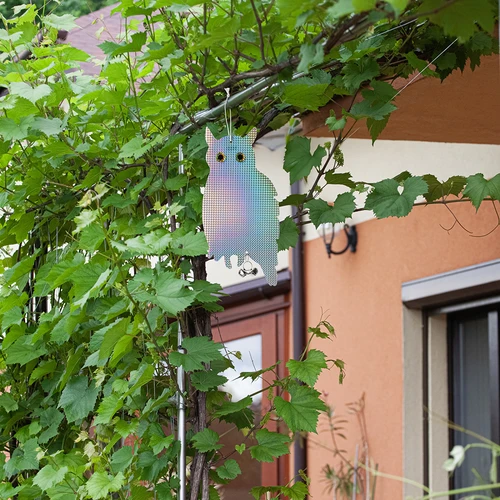 Reflecterende vogelafschrikhanger - uil met belletjes - 10 ['vogelverschrikker', ' vogelafschrikuil', ' reflecterende afschrikker', ' reflecterende uil met belletjes', ' bescherming van gewassen en boomgaarden tegen vogels', ' bescherming van tuinen', ' percelen en tuinhuisjes tegen vogels', ' bescherming van bomen en struiken tegen vogels', ' effectieve vogelverschrikker', ' uil tegen vogels', ' uil met reflectoren en geluid tegen vogels', ' vogelverschrikker in de vorm van een uil', ' afschrikken van duiven', ' spreeuwen', ' kraaien', ' hanger voor vogels', ' hanger om vogels af te schrikken']