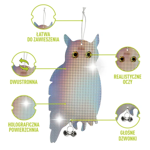 Reflecterende vogelafschrikhanger - uil met belletjes - 4 ['vogelverschrikker', ' vogelafschrikuil', ' reflecterende afschrikker', ' reflecterende uil met belletjes', ' bescherming van gewassen en boomgaarden tegen vogels', ' bescherming van tuinen', ' percelen en tuinhuisjes tegen vogels', ' bescherming van bomen en struiken tegen vogels', ' effectieve vogelverschrikker', ' uil tegen vogels', ' uil met reflectoren en geluid tegen vogels', ' vogelverschrikker in de vorm van een uil', ' afschrikken van duiven', ' spreeuwen', ' kraaien', ' hanger voor vogels', ' hanger om vogels af te schrikken']