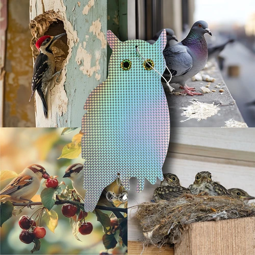 Reflecterende vogelafschrikhanger - uil met belletjes - 8 ['vogelverschrikker', ' vogelafschrikuil', ' reflecterende afschrikker', ' reflecterende uil met belletjes', ' bescherming van gewassen en boomgaarden tegen vogels', ' bescherming van tuinen', ' percelen en tuinhuisjes tegen vogels', ' bescherming van bomen en struiken tegen vogels', ' effectieve vogelverschrikker', ' uil tegen vogels', ' uil met reflectoren en geluid tegen vogels', ' vogelverschrikker in de vorm van een uil', ' afschrikken van duiven', ' spreeuwen', ' kraaien', ' hanger voor vogels', ' hanger om vogels af te schrikken']