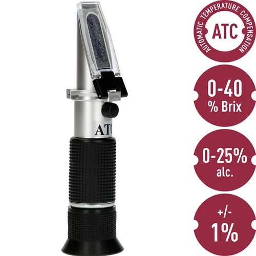 Refractometer - 7 ['voor het meten van suikergehalte', ' voor het meten van potentieel alcoholgehalte', ' voor wijn', ' voor bierwort', ' refractometer', ' wijn- en bierproductie', ' meetapparatuur voor wijn en bier', ' eenvoudige meting van suikerconcentratie', ' suiker in most', ' suiker in wort', ' potentieel alcoholgehalte', ' thuis wijn- en bierproductie']