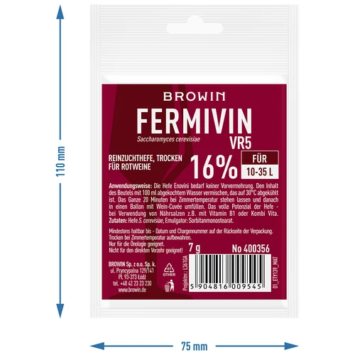 Reinzuchthefe, Droog Fermivin VR5 7g - 3 ['fermivin gist', ' actieve gedroogde wijngist', ' wijngist', ' gist voor wijn', ' gedroogde wijngist', ' gedroogde gist', ' gedroogde gist voor wijn', ' gist voor rode wijn']