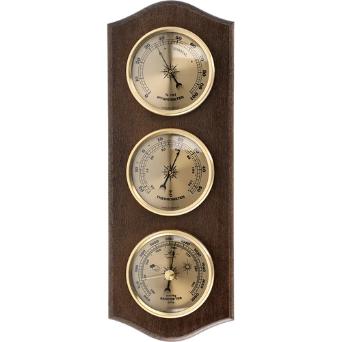 Retro weerstation - venge kleur met gouden wijzerplaten  - 1 ['retro weerstation', ' temperatuurmeting', ' druk', ' vochtigheid', ' comfort in huis', ' stijlvol weerstation', ' drie in één - multifunctioneel weerstation', ' elegant weerstation', ' welk weerstation te kiezen', ' traditioneel weerstation', ' weerstation in houten behuizing', ' weerstation in venge kleur', ' thermometer als cadeau', ' barometer', ' luchtvochtigheidsmeter', ' hygrometer', ' nauwkeurige thermometer', ' hygrometer met thermometer', ' weerstation voor aan de muur', ' hoe de temperatuur in kamers te meten', ' retro thermometer', ' houten weerstation', ' weerstation met gouden wijzerplaten']