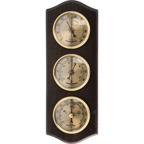 Retro weerstation - walnootkleur met gouden wijzerplaten  - 1 ['retro weerstation', ' temperatuurmeting', ' drukmeting', ' vochtigheidsmeting', ' comfort in huis', ' stijlvol weerstation', ' drie-in-één multifunctioneel weerstation', ' elegant weerstation', ' welk weerstation te kiezen', ' traditioneel weerstation', ' weerstation in houten behuizing', ' weerstation in walnootkleur', ' thermometer als cadeau', ' barometer', ' luchtvochtigheidsmeter', ' hygrometer', ' nauwkeurige thermometer', ' hygrometer met thermometer', ' weerstation voor aan de muur', ' hoe de temperatuur in kamers meten', ' retro thermometer', ' houten weerstation', ' weerstation met gouden wijzerplaten']