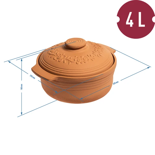 Ronde Romeinse pot 4L - 4 ['Romeinse pot', ' vetvrij braden', ' stomen', ' voor vlees', ' voor brood', ' voor vis', ' voor vegetariërs', ' eenpansgerechten', ' gerechten voor kinderen', ' dieetgerechten', ' voor het bakken van brood', ' kleipot', ' aardewerken pot', ' cadeau-idee', ' voor paté', ' voor ovenschotel', ' Romeinse pot met deksel']