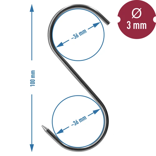 Rookhaken - S, geslepen, 3mm x 100mm 5 stuks - 6 ['rookhaak', ' rookhaak voor vlees', ' rookhaak voor vleeswaren', ' haak voor vleeswaren', ' rookhaken', ' roestvrijstalen haken', ' S rookhaken', ' set haken', ' haken voor rokerij', ' haken voor het drogen van vleeswaren', ' haken voor kazen', ' klassieke haken']
