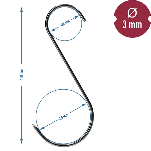 Rookhaken - S, geslepen 3mm x 150mm 5 stuks - 6 ['rookhaak', ' rookhaak voor vlees', ' rookhaak voor vleeswaren', ' haak voor vleeswaren', ' rookhaken', ' roestvrijstalen haken', ' S rookhaken', ' set haken', ' haken voor rokerij', ' haken voor het drogen van vleeswaren', ' haken voor kazen', ' klassieke haken', ' haken met kegelvormige punt']