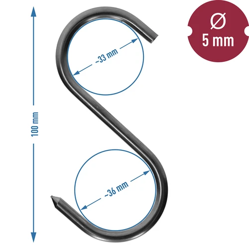 Rookhaken - S, geslepen, 5mm x 100mm - 5 ['rookhaak', ' rookhaak voor vlees', ' rookhaak voor vleeswaren', ' haak voor vleeswaren', ' rookhaken', ' roestvrijstalen haken', ' S-vormige rookhaken', ' set haken', ' haken voor rokerij', ' haken voor het drogen van vleeswaren', ' haken voor kazen', ' klassieke haken']