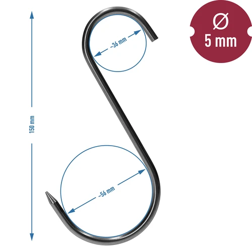 Rookhaken - S, geslepen 5mm x 150mm 5 stuks - 7 ['rookhaak', ' rookhaak voor vlees', ' rookhaak voor vleeswaren', ' haak voor vleeswaren', ' rookhaken', ' roestvrijstalen haken', ' S rookhaken', ' set haken', ' haken voor rokerij', ' haken voor het drogen van vleeswaren', ' haken voor kazen', ' klassieke haken']
