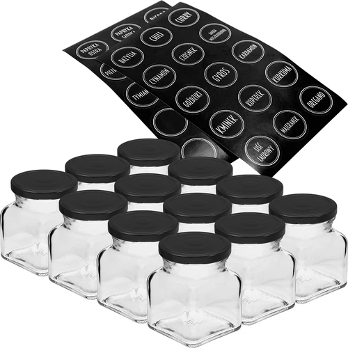 Set van 12 x pot 120ml + 30 etiketten voor het labelen van kruiden  - 1 ['stickers voor kruiden', ' etiketten voor potten', ' etiketten voor containers', ' stickers voor kruidencontainers', ' stickers voor kruiden', ' zwarte stickers voor kruiden', ' zelfklevende etiketten voor kruiden', ' stickers voor potten', ' potten', ' kleine potten', ' potje', ' glazen pot', ' glazen potten', ' pot met deksel', ' potten voor kruiden', ' pot voor kruiden', ' pot 120ml']