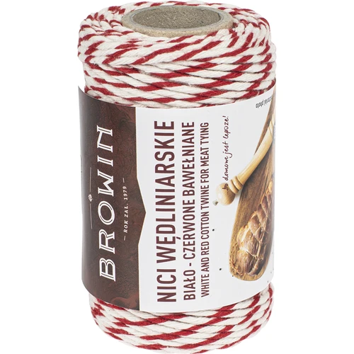 Slagerstouw wit-rood katoen (240°C) 55 m - 2 ['vleessnaren', ' vleessnaren', ' slagerstouw', ' worsttouw', ' touw voor het binden van vlees', ' voor bakken', ' voor roken', ' voor pekelen', ' voor koken', ' voor het binden van vleeswaren']