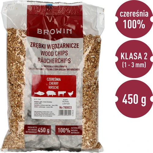 Spaanders voor roken/grillen, kers, 450 g, kl. 2 - 2 ['rokerijspaanders', ' spaanders voor roken', ' spaanders voor barbecue', ' spaanders voor grillen', ' rookaroma', ' kersenspaanders', ' kersenspaanders', ' spaanders voor het roken van vlees', ' universele spaanders', ' spaanders voor rokerij', ' spaanders voor vis', ' spaanders voor gevogelte', ' spaanders voor rundvlees', ' spaanders voor varkensvlees']