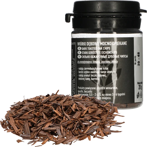 Sterk geroosterde eiken vlokken, 20g - 4 ['eiken chips', ' sterk geroosterde eiken chips', ' eiken vlokken', ' voor alcohol', ' toevoegingen voor alcohol', ' smaaktoevoegingen', ' geroosterde eiken vlokken', ' sterk geroosterde eiken chips', ' aromatisering van wijnen', ' aromatisering van bieren', ' aromatisering van alcohol', ' voor bourbon', ' voor brandy', ' voor cognac']