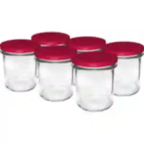 Eenvoudige pot 350 ml (fi 82) met bordeauxrood deksel 6 stuks