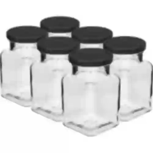 Pot twist off 150ml Vier hoeken fi 53 met zwart deksel, 6 stuks