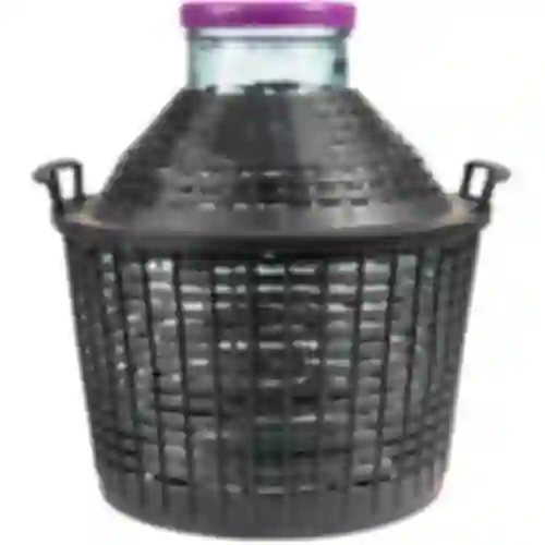 Wijnballon 15 L met brede hals in plastic mand