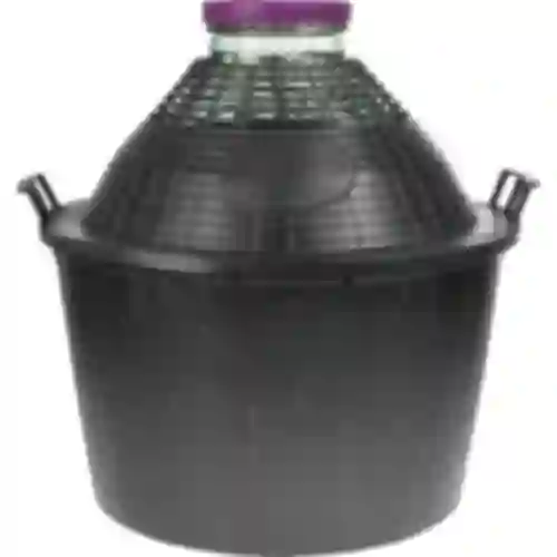 Wijnballon 34 L met brede hals in plastic mand