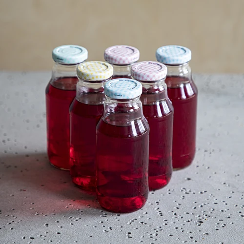 TO fles voor sap 330 ml met dop fi 43 - 6 stuks - 6 ['fles voor sap', ' fles 330 ml', ' Kubuś fles', ' fles voor puree', ' fles voor siroop', ' TO dop', ' klikdop', ' gekleurde doppen', ' set flessen met doppen', ' voor pasteurisatie']