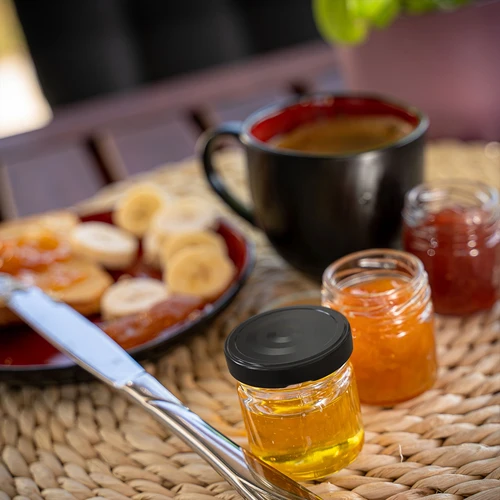 TO pot 40 ml met gekleurde deksel fi 43 - 10 stuks - 11 ['jam pot', ' pot met decoratieve deksel', ' TO pot', ' pot 40 ml', ' potjes voor honing']