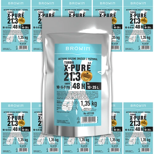 Turbo Gist X-Pure 21,3%, 10 x 25 L, 1,35 kg - 6 ['distilleergist', ' gist voor alcohol', ' turbo gist', ' pure gist', ' gist 21', '3%', ' gist voor brouwsel', ' voor zelfgemaakte drank', ' distilleergist voor 10 x 25 L', ' brouwsel 48 uur', ' zuivere fermentatie', ' suikerbrouwsels', ' voor hoogalcoholische brouwsels', ' voor suikerbrouwsels', ' hoog alcoholpercentage', ' distillatie', ' meer dan 21%', ' snelle fermentatie', ' Browin gist', ' gist 21%', ' alco gist', ' alko gist', ' sterke gist', ' zuivere fermentatie', ' grote verpakking gist']