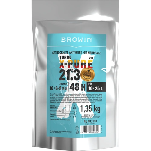 Turbo-Gist X-Pure 21,3 %, 10x25L - 1,35kg  - 1 ['distilleergist', ' gist voor alcohol', ' turbo gist', ' pure gist', ' gist 21', '3%', ' gist voor brouwsel', ' voor zelfgemaakte alcohol', ' distilleergist voor 10 x 25 L', ' fermentatie 48 uur', ' zuivere fermentatie', ' suikerbrouwsels', ' voor hoog alcoholpercentage', ' voor suikerbrouwsels', ' hoog alcoholpercentage', ' distillatie', ' meer dan 21%', ' snelle fermentatie', ' Browin gist', ' gist 21%', ' alco gist', ' alko gist', ' sterke gist', ' zuivere fermentatie', ' gist grote verpakking']