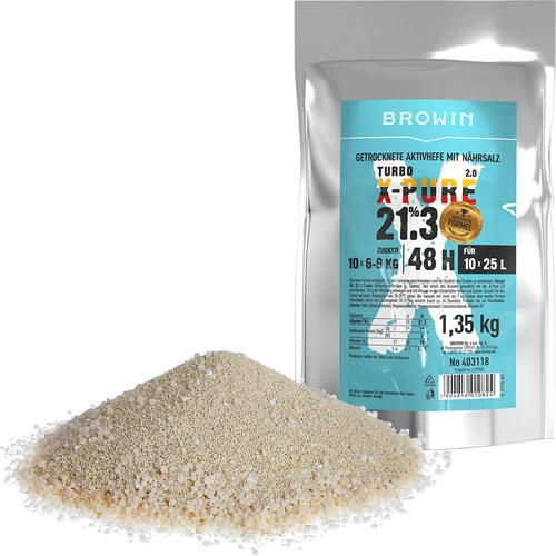 Turbo-Gist X-Pure 21,3 %, 10x25L - 1,35kg - 2 ['distilleergist', ' gist voor alcohol', ' turbo gist', ' pure gist', ' gist 21', '3%', ' gist voor brouwsel', ' voor zelfgemaakte alcohol', ' distilleergist voor 10 x 25 L', ' fermentatie 48 uur', ' zuivere fermentatie', ' suikerbrouwsels', ' voor hoog alcoholpercentage', ' voor suikerbrouwsels', ' hoog alcoholpercentage', ' distillatie', ' meer dan 21%', ' snelle fermentatie', ' Browin gist', ' gist 21%', ' alco gist', ' alko gist', ' sterke gist', ' zuivere fermentatie', ' gist grote verpakking']