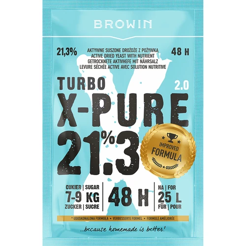 Turbo Gist X-Pure 21,3% 48h, 25 L  - 1 ['distilleergist', ' suikerbieten', ' voor hooggradige stellingen', ' voor suikerstellingen', ' voor fruitstellingen', ' voor graanstellingen', ' hoog alcoholpercentage', ' turbo gist', ' distillatie', ' meer dan 21%', ' snelle fermentatie', ' Browin gist', ' voor moonshine', ' 21% gist', ' pure gist', ' alco gist', ' alko gist', ' sterke gist']