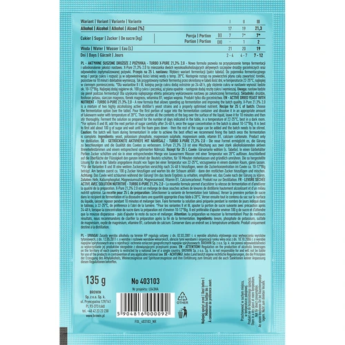 Turbo Gist X-Pure 21,3% 48h, 25 L - 2 ['distilleergist', ' suikerbieten', ' voor hooggradige stellingen', ' voor suikerstellingen', ' voor fruitstellingen', ' voor graanstellingen', ' hoog alcoholpercentage', ' turbo gist', ' distillatie', ' meer dan 21%', ' snelle fermentatie', ' Browin gist', ' voor moonshine', ' 21% gist', ' pure gist', ' alco gist', ' alko gist', ' sterke gist']