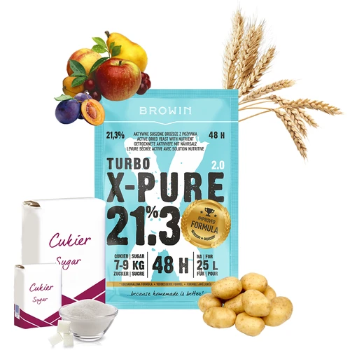 Turbo Gist X-Pure 21,3% 48h, 25 L - 4 ['distilleergist', ' suikerbieten', ' voor hooggradige stellingen', ' voor suikerstellingen', ' voor fruitstellingen', ' voor graanstellingen', ' hoog alcoholpercentage', ' turbo gist', ' distillatie', ' meer dan 21%', ' snelle fermentatie', ' Browin gist', ' voor moonshine', ' 21% gist', ' pure gist', ' alco gist', ' alko gist', ' sterke gist']