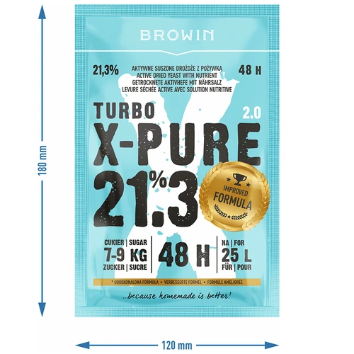 Turbo Gist X-Pure 21,3% 48h, 25 L - 5 ['distilleergist', ' suikerbieten', ' voor hooggradige stellingen', ' voor suikerstellingen', ' voor fruitstellingen', ' voor graanstellingen', ' hoog alcoholpercentage', ' turbo gist', ' distillatie', ' meer dan 21%', ' snelle fermentatie', ' Browin gist', ' voor moonshine', ' 21% gist', ' pure gist', ' alco gist', ' alko gist', ' sterke gist']