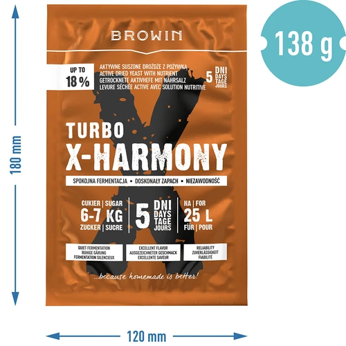 Turbo X-Harmony Gist 18%, 25 L, 138 g - 6 ['distilleergist', ' gist voor alcohol', ' turbo gist', ' harmony gist', ' gist 18%', ' gist voor brouwsel', ' voor zelfgemaakte alcohol', ' distilleergist voor 25 liter', ' brouwsel 25L', ' zuivere fermentatie', ' suikerbrouwsels', ' voor brouwsels', ' voor suikerbrouwsels', ' rustige fermentatie', ' aangename geur tijdens fermentatie', ' stabiele fermentatie', ' gemakkelijk klaren', ' distillatie', ' gist x', ' Browin gist', ' gist 18%', ' alco gist', ' alko gist', ' aanbevolen gist', ' gist van hoge kwaliteit', ' gedroogde gist met voedingsstof', ' gemakkelijk klaren van brouwsel']