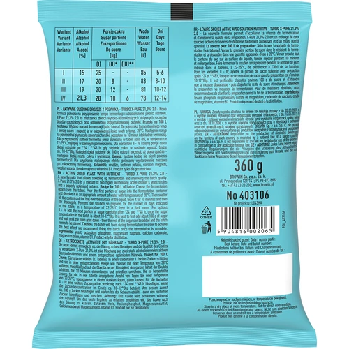 Turbo X-Pure Gist 21,3%, 100L - 2 ['distilleergist', ' gist voor alcohol', ' Turbo Pure gist', ' 21% gist', ' hoogalcoholische gist', ' voor zelfgemaakte drank', ' voor brouwsel', ' distilleergist 100 L', ' gist voor honderd liter', ' zuivere fermentatie', ' efficiënte fermentatie', ' 100 l beslag', '']