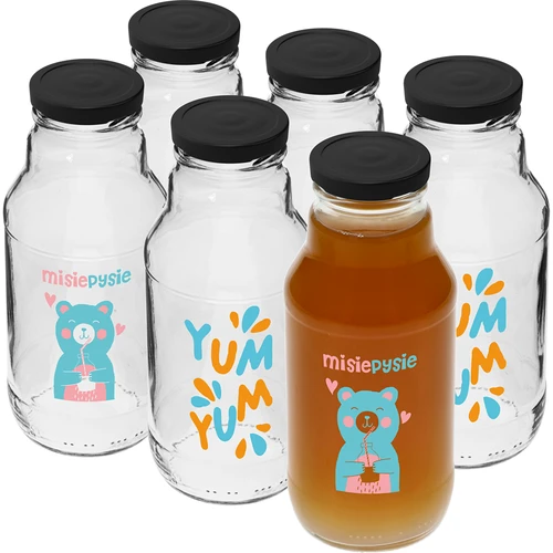 Twist-off fles 330 ml met dop fi43 en kleurrijke opdruk - 6 stuks  - 1 ['Kubuś fles', ' kinderfles', ' fles met opdruk', ' fles voor sap', ' fles voor tomatenpuree', ' fles voor siroop', ' fles 330 ml', ' fles met dop', ' fles met klik', ' fles voor smoothie']