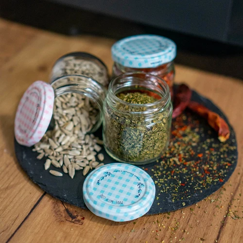 Twist-off pot 30 ml met gekleurde deksel fi 43 - 10 stuks - 6 ['potjes', ' kleine potjes', ' potje', ' glazen pot', ' glazen potjes', ' pot met deksel', ' potjes voor conserven', ' pot voor wecken', ' potjes voor wecken', ' potjes voor kruiden', ' pot voor jam', ' pot voor confituur', ' pot voor honing', ' potje voor honing']