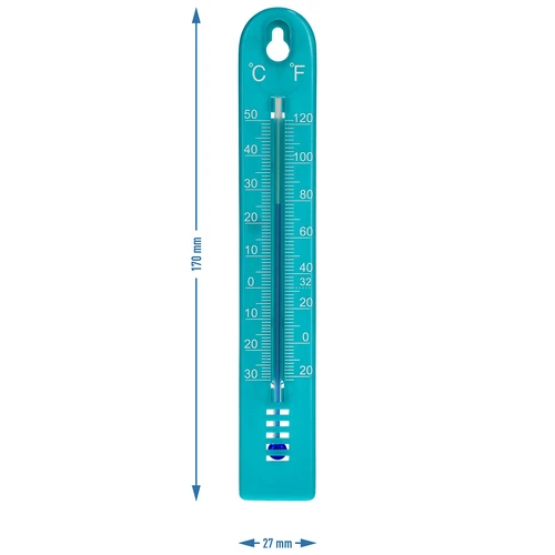 Universele thermometer (-30 tot +50°C), 17 cm, blauw - 4 ['thermometer', ' universele thermometer', ' thermometer van kunststof', ' thermometer met duidelijke schaal', ' thermometer met dubbele schaal in °C en °F', ' thermometer voor ruimtes met hoge luchtvochtigheid', ' buitenthermometer tot -30°C', ' vochtbestendige thermometer', ' thermometer in blauwe kleur', ' stevige thermometer']