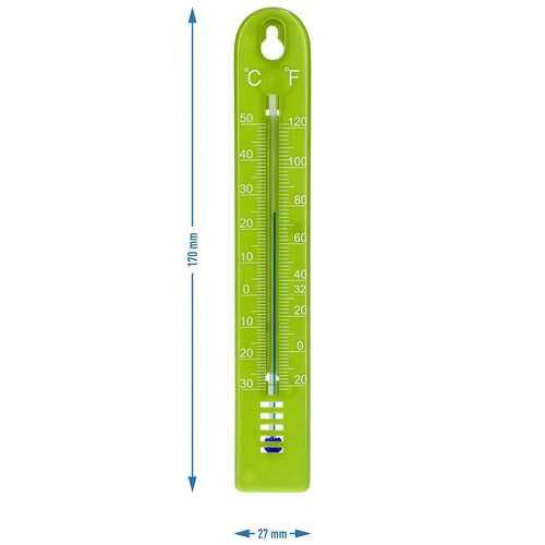 Universele thermometer (-30 tot +50°C), 17 cm, groen - 4 ['thermometer', ' universele thermometer', ' thermometer van kunststof', ' thermometer met duidelijke schaal', ' thermometer met dubbele schaal in °C en °F', ' thermometer voor ruimtes met hoge luchtvochtigheid', ' buitenthermometer tot -30°C', ' vochtbestendige thermometer', ' thermometer in groene kleur', ' stevige thermometer']