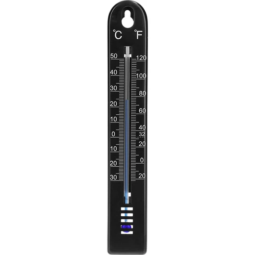 Universele thermometer (-30 tot +50°C), 17 cm, zwart  - 1 ['thermometer', ' universele thermometer', ' thermometer van kunststof', ' thermometer met duidelijke schaal', ' thermometer met dubbele schaal in °C en °F', ' thermometer voor ruimtes met hoge luchtvochtigheid', ' buitenthermometer tot -30°C', ' vochtbestendige thermometer', ' thermometer in zwarte kleur', ' stevige thermometer']