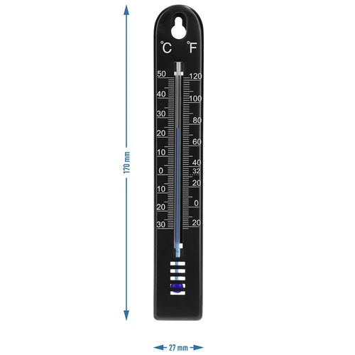 Universele thermometer (-30 tot +50°C), 17 cm, zwart - 4 ['thermometer', ' universele thermometer', ' thermometer van kunststof', ' thermometer met duidelijke schaal', ' thermometer met dubbele schaal in °C en °F', ' thermometer voor ruimtes met hoge luchtvochtigheid', ' buitenthermometer tot -30°C', ' vochtbestendige thermometer', ' thermometer in zwarte kleur', ' stevige thermometer']