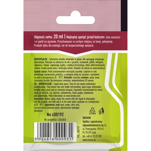 Universele wijngist zonder vermenigvuldiging, 20 ml - 2 ['vloeibare wijngist', ' gist zonder vermenigvuldiging', ' browin gist', ' gist voor witte en rode wijnen', ' aardbeienwijn', ' appelwijn', ' rabarberwijn', ' pruimenwijn', ' welke gist', ' wijn 15 %']